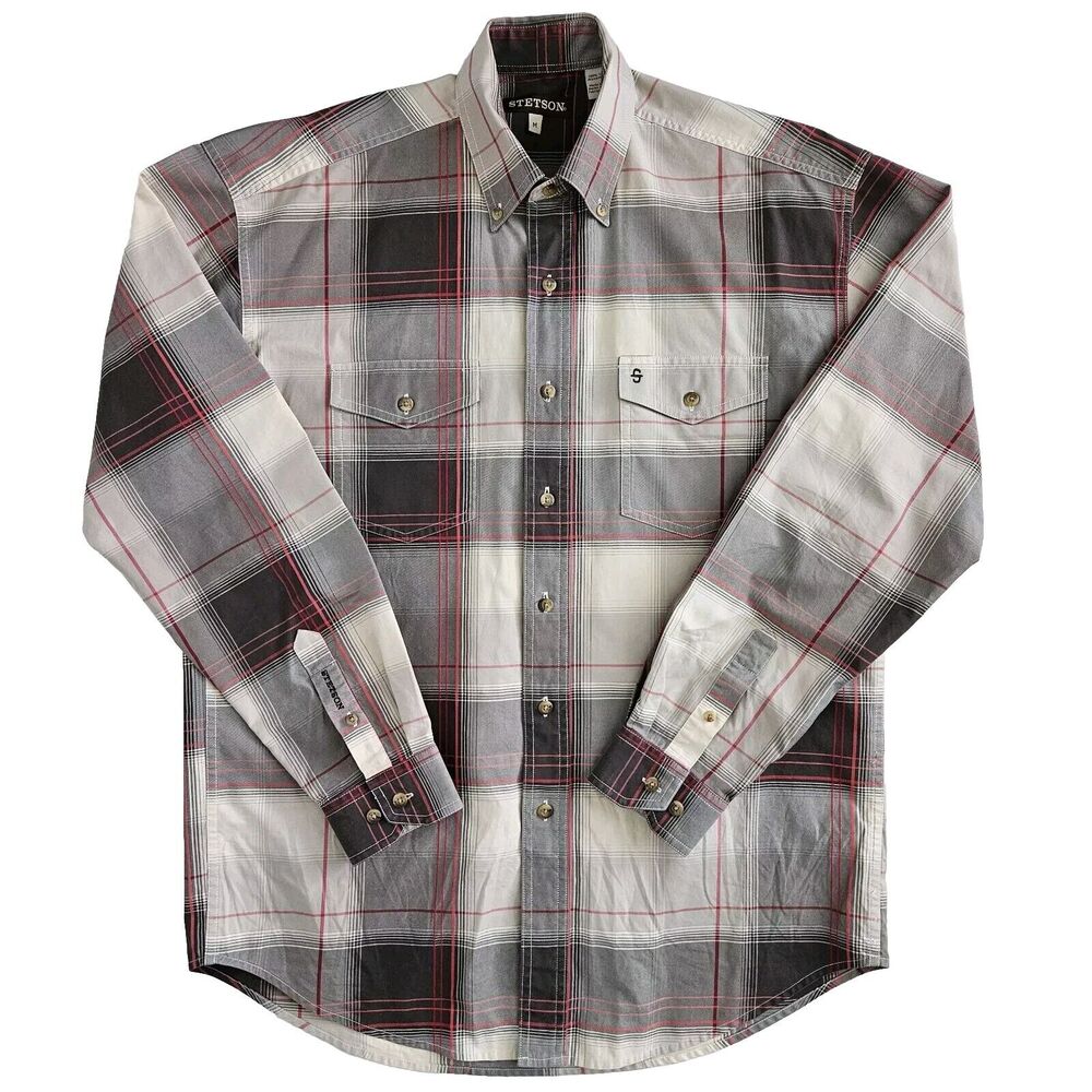 Stetson (Mens Medium) Plaid Pearl‎ Snap Long Sleeve Button Shirt Western Cowboy